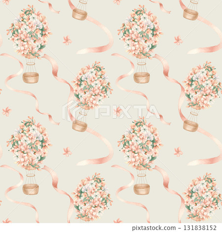 Hot air balloons with flowers arrangement neutral seamless pattern isolated. Hand drawn aerostat and satin ribbons in peach tones. Repeat design for digital paper and nursery surface texture. Hot air balloons with flowers arrangement neutral seamless pattern isolated. Hand drawn aerostat and satin ribbons in peach tones. Repeat design for digital paper and nursery surface texture. 131838152