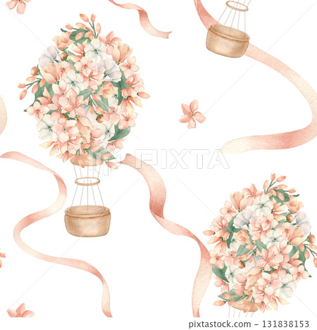 Floral air balloons peach watercolor seamless pattern for feminine design. Hand drawn air ships with pink flowers and satin ribbons pastel tones. Repeat design for wallpaper girl room, digital paper. Floral air balloons peach watercolor seamless pattern for feminine design. Hand drawn air ships with pink flowers and satin ribbons pastel tones. Repeat design for wallpaper girl room, digital paper. 131838153