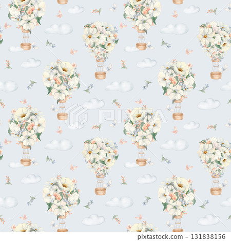 Watercolor air balloons and butterfly seamless pattern isolated on light blue. Hand drawn airships, clouds with blossoms in pastel colors. Endless print for baby room walls, baby shower background. Watercolor air balloons and butterfly seamless pattern isolated on light blue. Hand drawn airships, clouds with blossoms in pastel colors. Endless print for baby room walls, baby shower background. 131838156