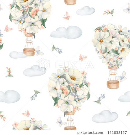 Floral Balloons pastel seamless pattern isolated white. Watercolor hot air balloons with neutral flowers and clouds hand painted. Repeat kids background for wallpaper or textiles. Baby shower design. 131838157