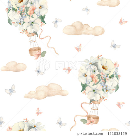 Watercolor seamless pattern floral hot air balloons in sky isolated white. Hand painted air ships with white flowers, clouds and butterflies in pastel tones. Repeat background for nursery wallpaper. 131838159