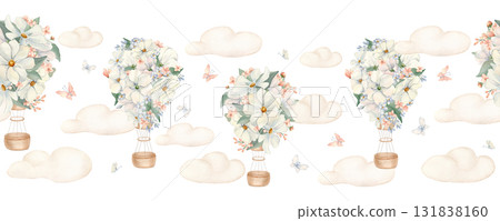 White flowers balloons on Seamless Border with clouds isolated. Hand drawn aerostats with clouds and butterflies in blush pink tones. Watercolor repeat background for nursery wall or textiles. 131838160