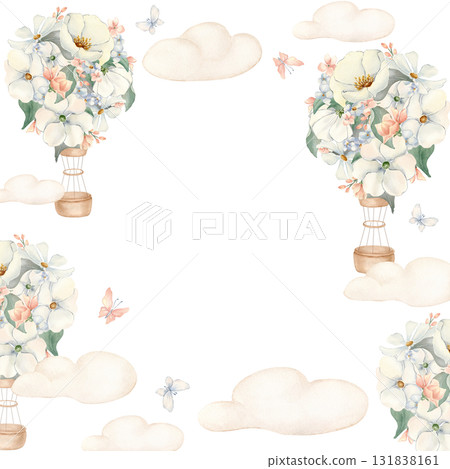 Floral Hot Air Balloon and clouds watercolor frame isolated. Drawing airship with white flowers and butterflies in soft beige tones. Children's border for design birthday invitations or cards. Floral Hot Air Balloon and clouds watercolor frame isolated. Drawing airship with white flowers and butterflies in soft beige tones. Children's border for design birthday invitations or cards. 131838161