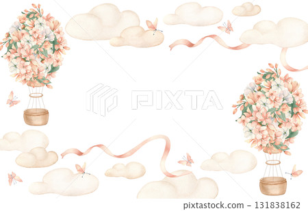 Little Pink Flowers on Hot Air Balloons frame isolated. Hand painted beige clouds border, butterflies and ribbons in soft peach tones. Watercolor illustration for nursery prints and girls room decor. 131838162