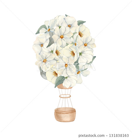 White hot air balloons of flowers pastels colors hand painted isolated background. Watercolor illustration for nursery wall art. Drawing for baby memory books and christening invitations. White hot air balloons of flowers pastels colors hand painted isolated background. Watercolor illustration for nursery wall art. Drawing for baby memory books and christening invitations. 131838163