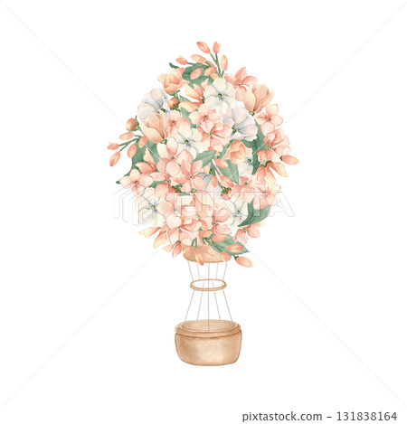 Little pink flowers on hot air balloon for baby girl Illustration. Hand painted pastel airplane in soft peach tones isolated white. Watercolor botanical drawing for nursery print or baby shower invite 131838164