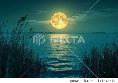 Large full moon illuminates the tranquil waters of a lake, casting reflections while reeds sway gently at the water's edge Large full moon illuminates the tranquil waters of a lake, casting reflections while reeds sway gently at the water's edge 131838218