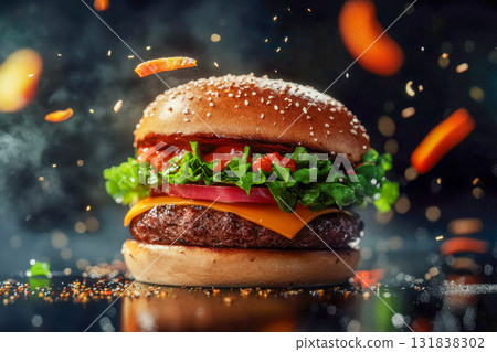 A juicy cheeseburger stacked with lettuce, tomato, and cheese sits proudly in a vibrant kitchen with a smoky atmosphere 131838302