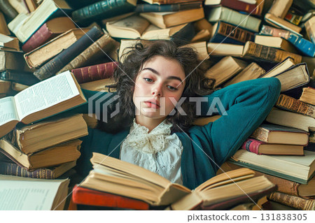 A young woman in a green sweater lies back on a pile of books, absorbed in reading as sunlight filters through the room A young woman in a green sweater lies back on a pile of books, absorbed in reading as sunlight filters through the room 131838305