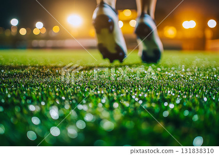 Players participate in an evening training session on artificial turf with bright lights illuminating the field and dew on the grass 131838310