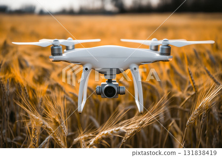 A drone hovers over a golden wheat field at sunset, demonstrating modern agricultural technology in action 131838419
