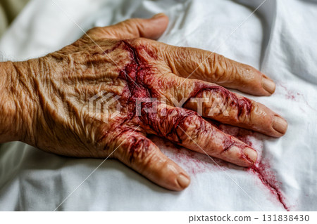 An elderly hand shows wounds and bruising, resting on a white cloth in a hospital or care facility, indicating healing An elderly hand shows wounds and bruising, resting on a white cloth in a hospital or care facility, indicating healing 131838430