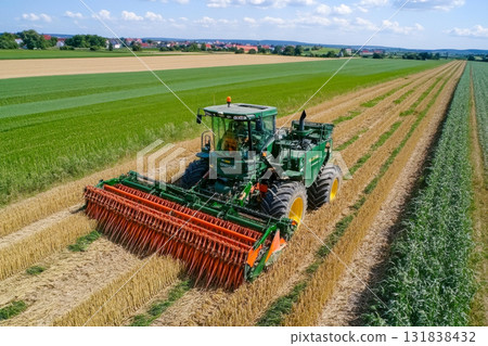 A large tractor using a header is harvesting crops in a vast green field under clear blue skies 131838432