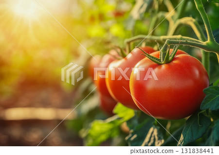 Bold red tomatoes hang on the vine in a garden, illuminated by warm sunlight in the late afternoon 131838441