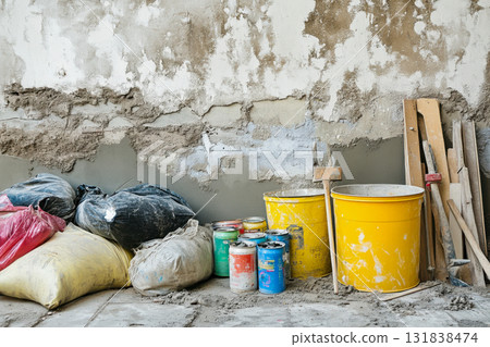 Various construction supplies, including buckets of paint and bags of materials, sit next to an unfinished wall at a work site 131838474
