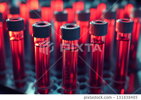 Laboratory test tubes filled with vibrant red liquid are organized neatly on a rack, showcasing their contents under dim lighting 131838485