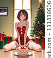 Christmas image: Girl in Santa costume, enjoying Christmas in the room, Christmas cake, manga, AI-generated 131838606