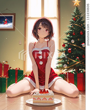 Christmas image: Girl in Santa costume, enjoying Christmas in the room, Christmas cake, manga, AI-generated Christmas image: Girl in Santa costume, enjoying Christmas in the room, Christmas cake, manga, AI-generated 131838606
