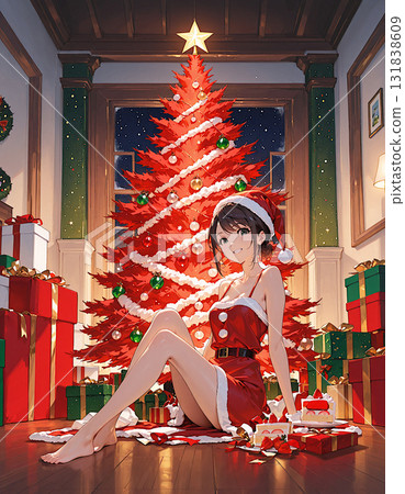 Christmas image: Girl in Santa costume, enjoying Christmas in the room, Christmas cake, manga, AI-generated 131838609