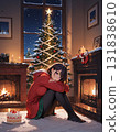 Christmas image: Girl in Santa costume, enjoying Christmas in the room, Christmas cake, manga, AI-generated 131838610