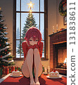 Christmas image: A girl spending Christmas in her room, looking a little lonely. Christmas cake. AI-generated. 131838611