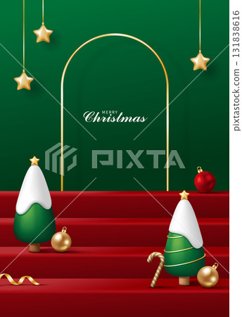 3D聖誕樹、金色拱門和階梯式商品展示平台，聖誕節廣告海報宣傳單素材圖片 131838616