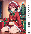 Christmas image: Girl in Santa costume, enjoying Christmas in the room, Christmas cake, manga, AI-generated 131838640