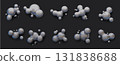 3d vector realistic liquid blobs set in silver metallic colors. Abstract floating spheres colored with chrome holographic effect. Liquid blobs, fluid 3D metaballs. Morphing bubbles on dark background. 131838688