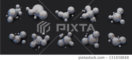 3d vector realistic liquid blobs set in silver metallic colors. Abstract floating spheres colored with chrome holographic effect. Liquid blobs, fluid 3D metaballs. Morphing bubbles on dark background. 3d vector realistic liquid blobs set in silver metallic colors. Abstract floating spheres colored with chrome holographic effect. Liquid blobs, fluid 3D metaballs. Morphing bubbles on dark background. 131838688