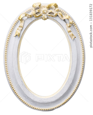 Vintage style white oval frame with gold ribbon decoration on white background Vintage style white oval frame with gold ribbon decoration on white background 131839172
