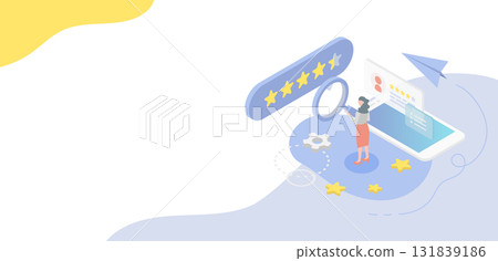 Woman with magnifying glass researching and analyzing customer satisfaction from word of mouth and reviews. Isometric vector illustration 131839186