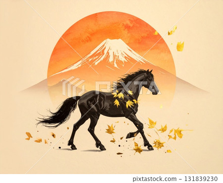 帶有日出和馬剪影的新年賀卡材料 1 131839230