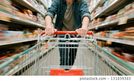 A person pushing a shopping cart down an aisle. Grocery shopping, supermarket, food, daily life, consumerism A person pushing a shopping cart down an aisle. Grocery shopping, supermarket, food, daily life, consumerism 131839383