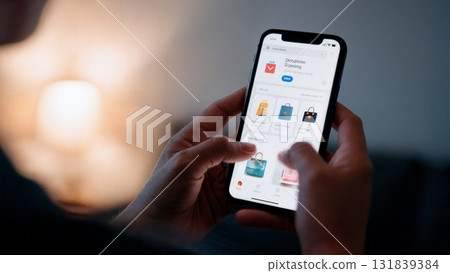 A person's hand holding a phone with an online shopping app. Online shopping, e-commerce, technology, digital, consumerism A person's hand holding a phone with an online shopping app. Online shopping, e-commerce, technology, digital, consumerism 131839384