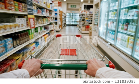 A person pushing a shopping cart down an aisle. Grocery shopping, supermarket, food, daily life, consumerism 131839385