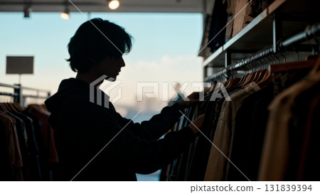 A person browsing a rack of clothes. Retail, fashion, clothes, selection, personal 131839394