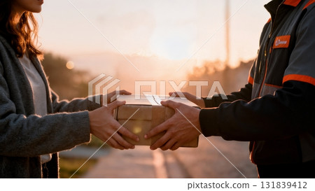 A person receiving a package from a delivery driver. Delivery, online shopping, e-commerce, convenience, retail 131839412