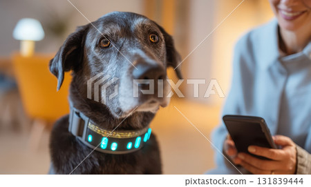 An older dog wears a smart LED collar indoors while its owner uses a mobile app 131839444