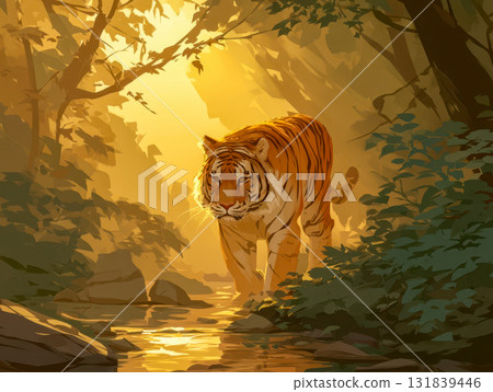 A tiger walking along a sunlit jungle stream, the majestic big cat in the golden morning light A tiger walking along a sunlit jungle stream, the majestic big cat in the golden morning light 131839446