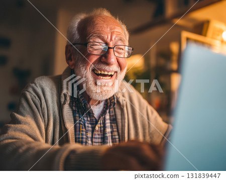 Happy senior man laughing while using laptop at home, senior man enjoying video call in warm evening light Happy senior man laughing while using laptop at home, senior man enjoying video call in warm evening light 131839447