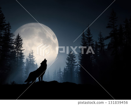 A lone wolf howls under the full moon in a dark forest, a spectacular night silhouette under the moonlight 131839456