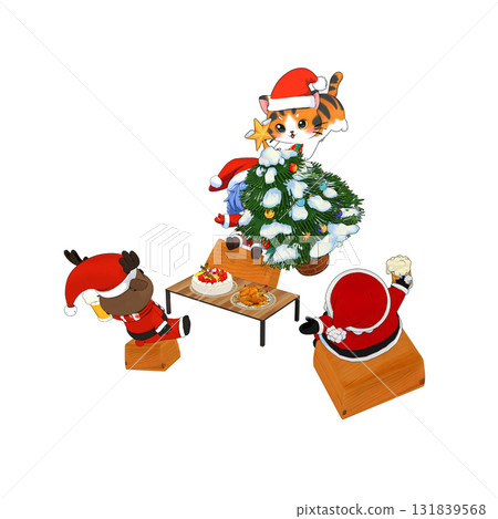 冬末聖誕老人聖誕派對上，一隻小貓撞倒聖誕樹的插圖 131839568