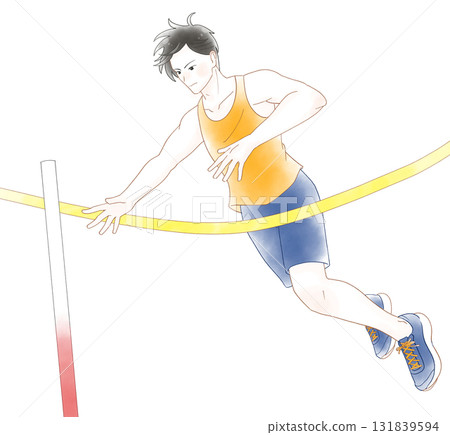 男孩撐竿跳的水彩插圖 男孩撐竿跳的水彩插圖 131839594
