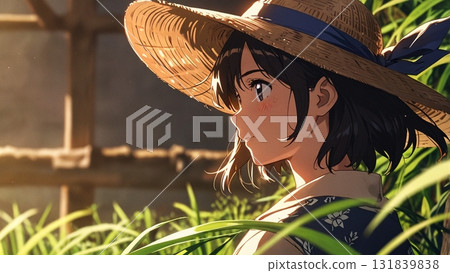 Woman wearing a straw hat working on a farm 131839838