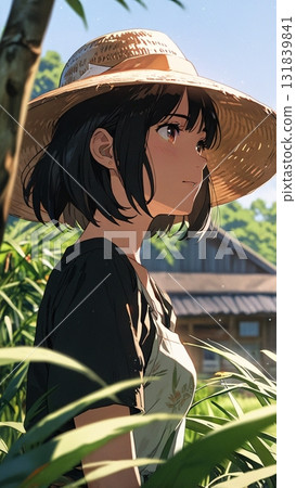 戴著草帽在農場工作的婦女 131839841