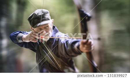 Focused Archer with Longbow in Motion Blur 131839927