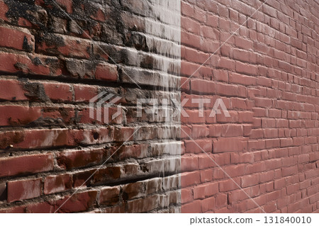 Half-Cleaned Red Brick Wall Showing Cleaning Contrast Half-Cleaned Red Brick Wall Showing Cleaning Contrast 131840010
