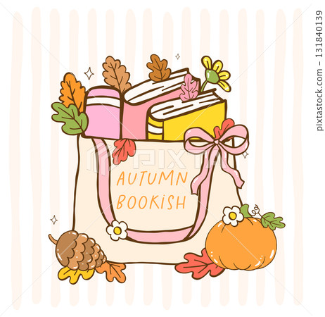 Autumn Bookish fall Reading, tote bag full of books cartoon hand drawn retro groovy sticker printable cozy aesthetic art 131840139