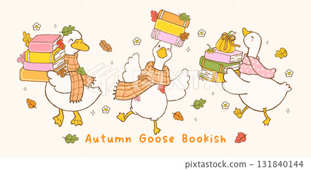 Cute Autumn Bookish Silly Goose Fall Reading Book Cartoon Hand Drawn Banner 131840144