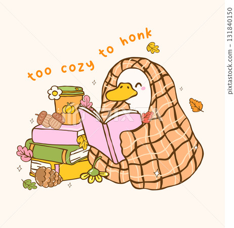 Cute Autumn Bookish Silly Goose Reading Book under Cozy Blanket Cartoon Hand Drawn Illustration 131840150